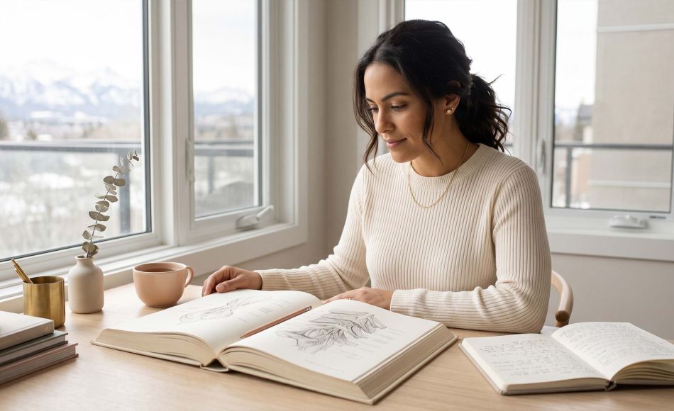 Mulher vestindo uma malha creme estudando um atlas de anatomia ilustrado em uma mesa iluminada pelo sol enquanto aprende sobre a anatomia genital feminina