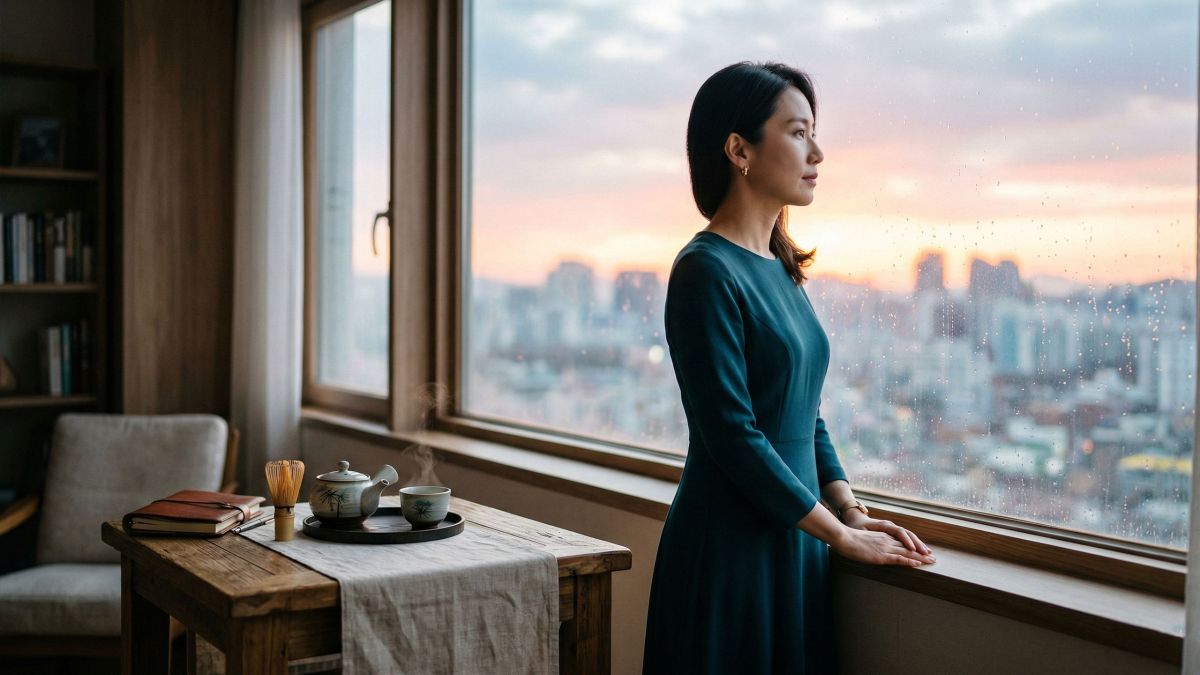 Uma mulher asiática reflexiva simbolizando o equilíbrio entre a vida moderna e os valores culturais tradicionais de intimidade.