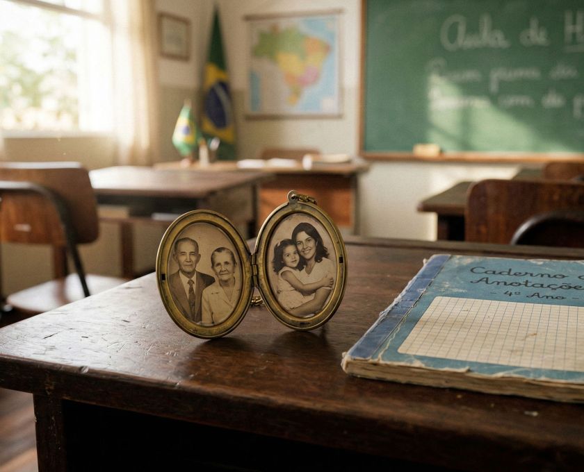 Uma carteira escolar clássica de madeira com uma pequena flor e um medalhão antigo, simbolizando um ambiente educacional calmo e neutro.