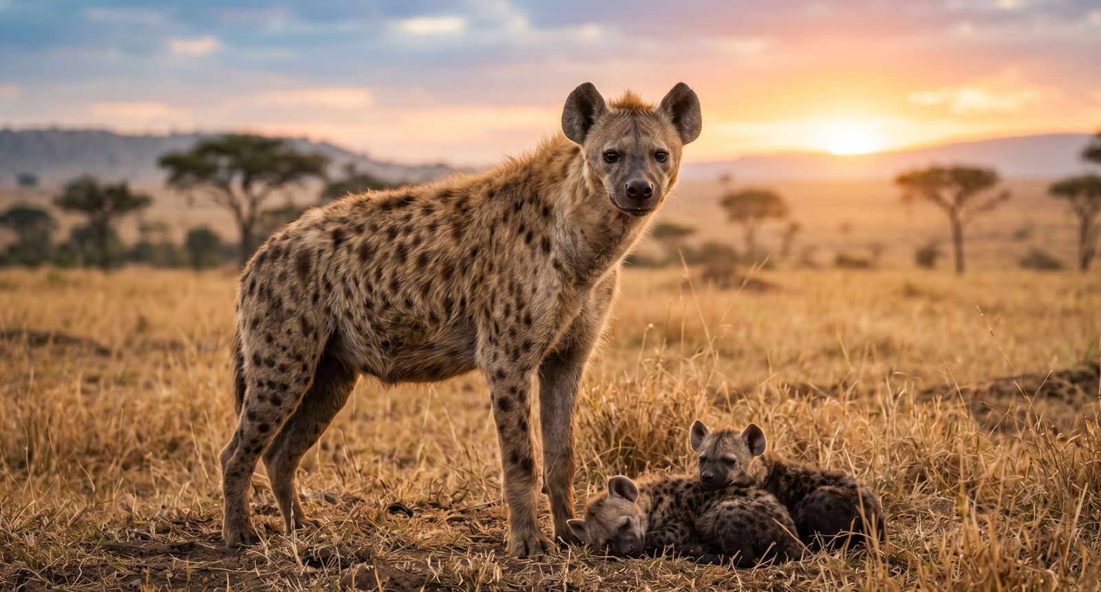 Hiena-malhada fêmea em pé ao lado de seus filhotes ao amanhecer na savana africana, demonstrando autoridade e atenção