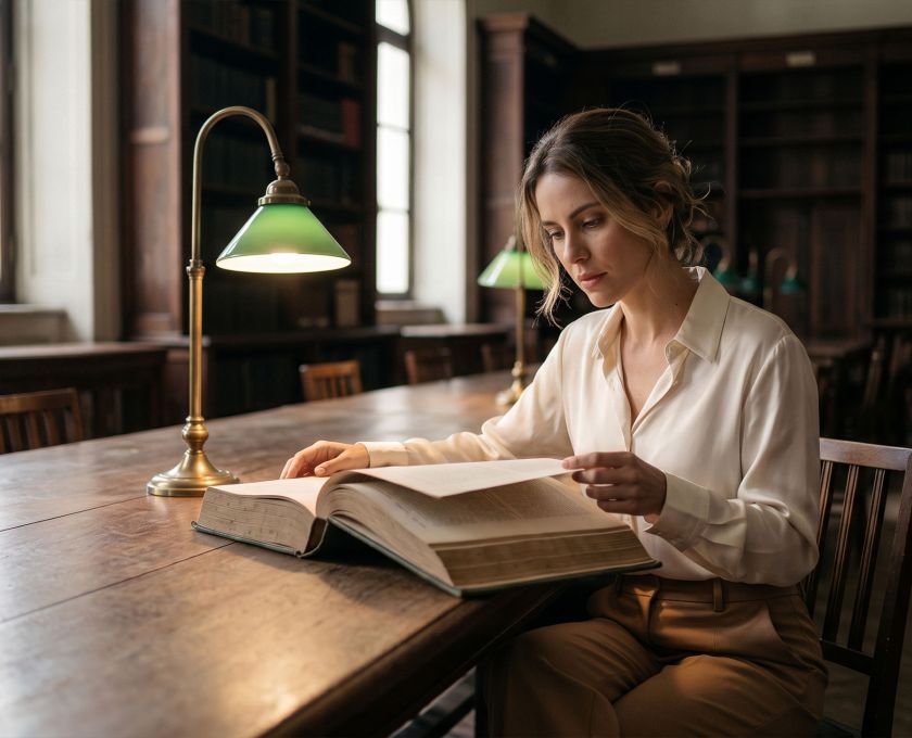 Mulher pesquisando a história da anatomia feminina em antigos livros médicos em uma mesa iluminada de uma biblioteca de arquivo