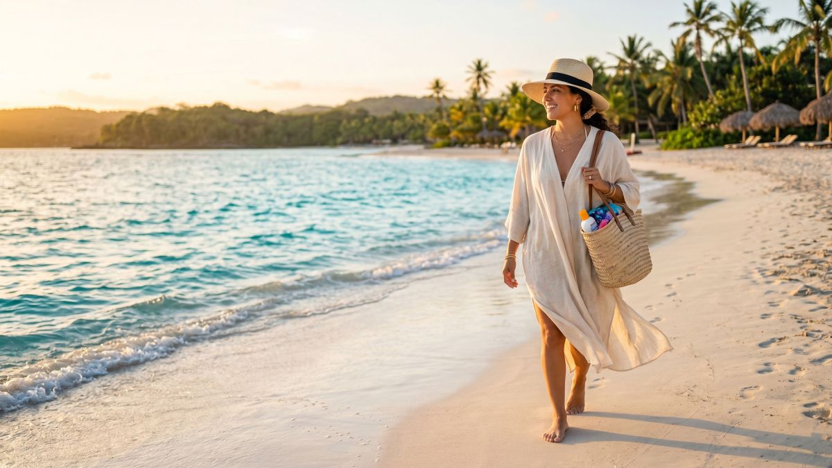 Uma mulher caminhando ao longo de uma costa tropical intocada, segurando um chapéu de sol e uma bolsa de praia de palha.