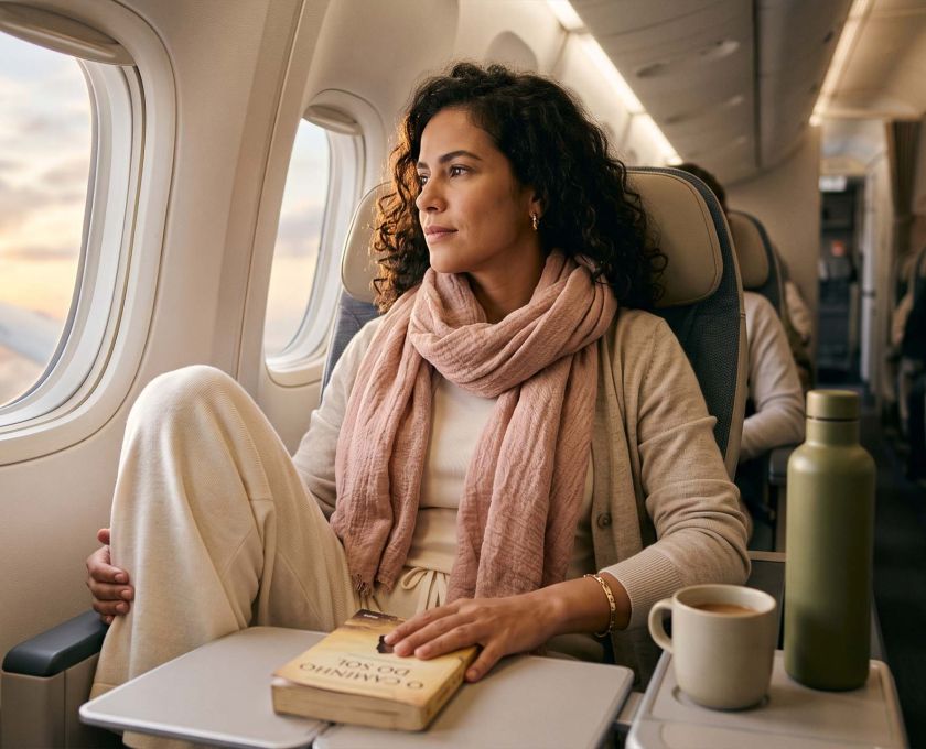 Mulher usando camadas macias de algodão e lã merino, descansando confortavelmente em um assento junto à janela durante um voo longo
