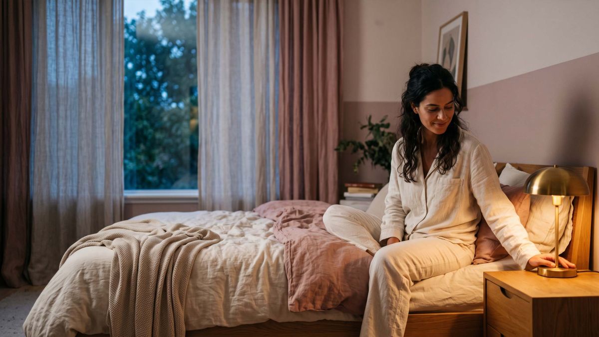 Mulher usando pijama creme acendendo uma luminária de cabeceira ao anoitecer, ilustrando os sinais não verbalizados que os casais usam para a intimidade.