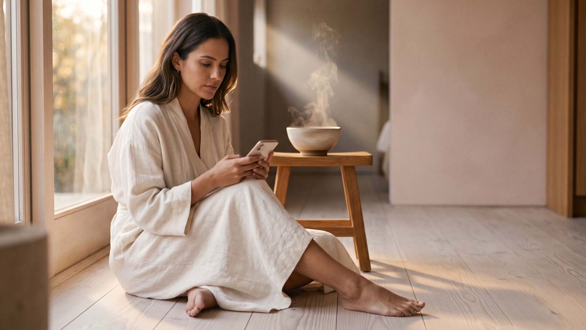Mulher usando linho marfim lê o celular à luz suave do dia, com vapor de ervas subindo atrás dela, ilustrando como tendências virais de bem-estar se espalham online