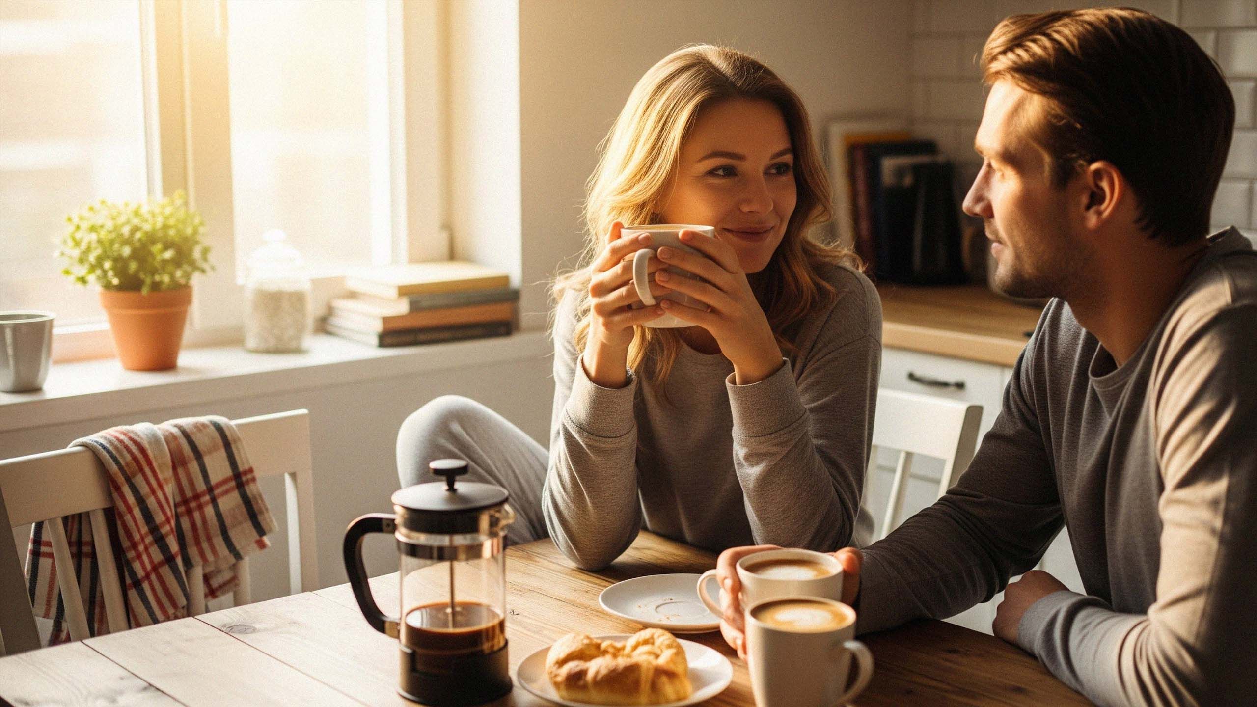 Pareja disfrutando café matutino como parte de rituales de romance diarios