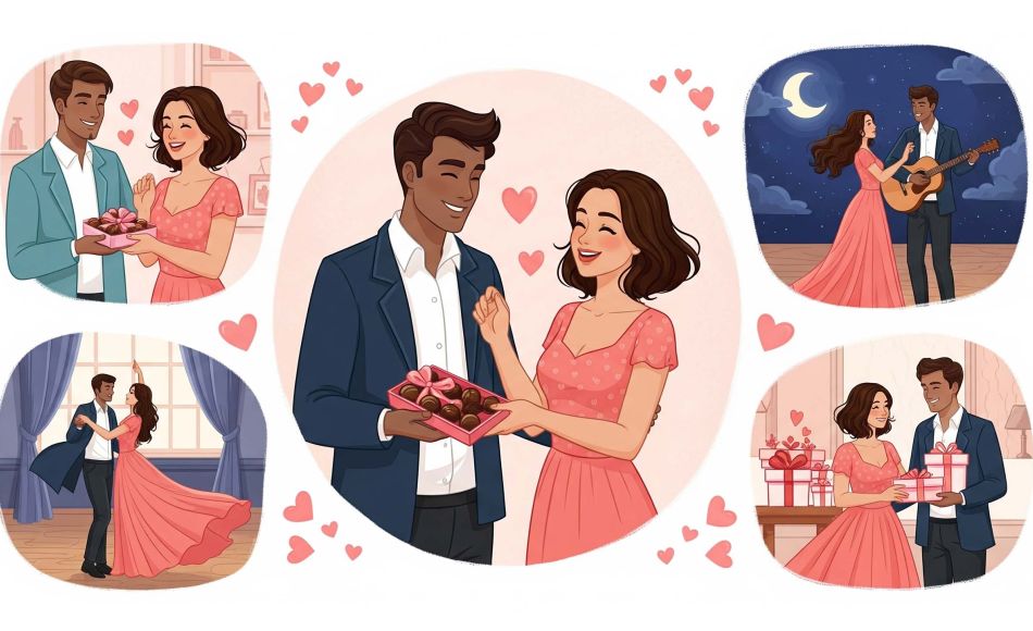 Parejas de diferentes culturas mostrando amor mediante gestos tradicionales