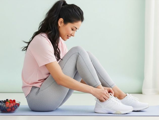 Mujer ata sus zapatillas junto a frutos rojos y agua—hábitos equilibrados y sostenibles
