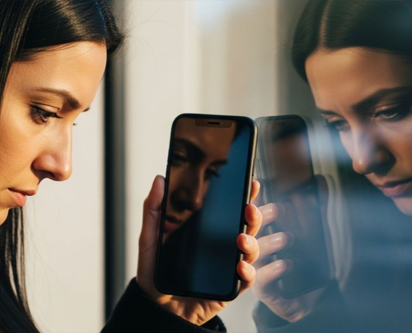 Woman reflected in smartphone screen symbolizing media influence on self-image.