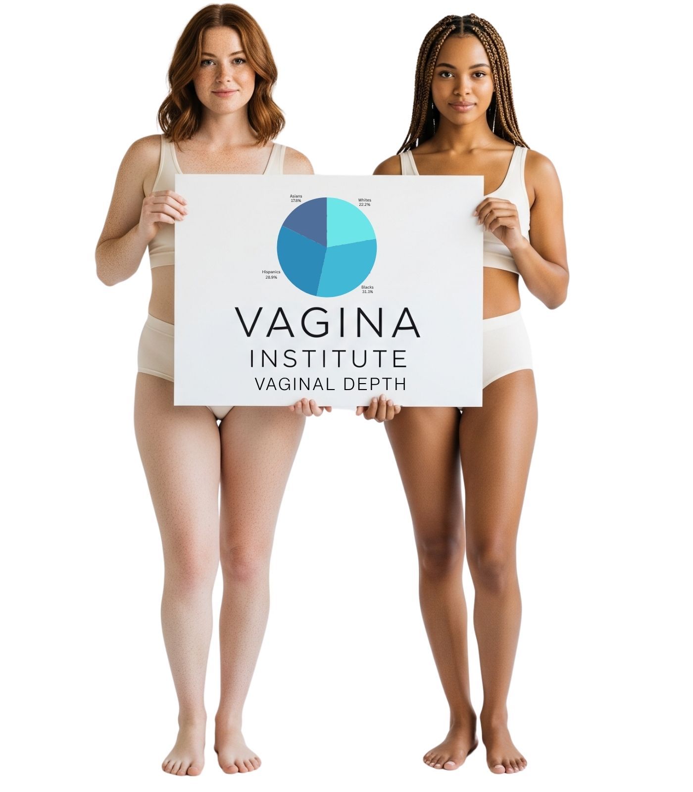 Two women holding a sign about vaginal depth among women.