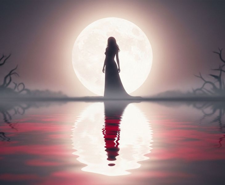Illustration of a woman under a full moon representing ancient menstrual myths