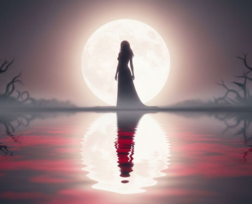 Illustration einer Frau unter einem Vollmond, die alte Menstruationsmythen darstellt