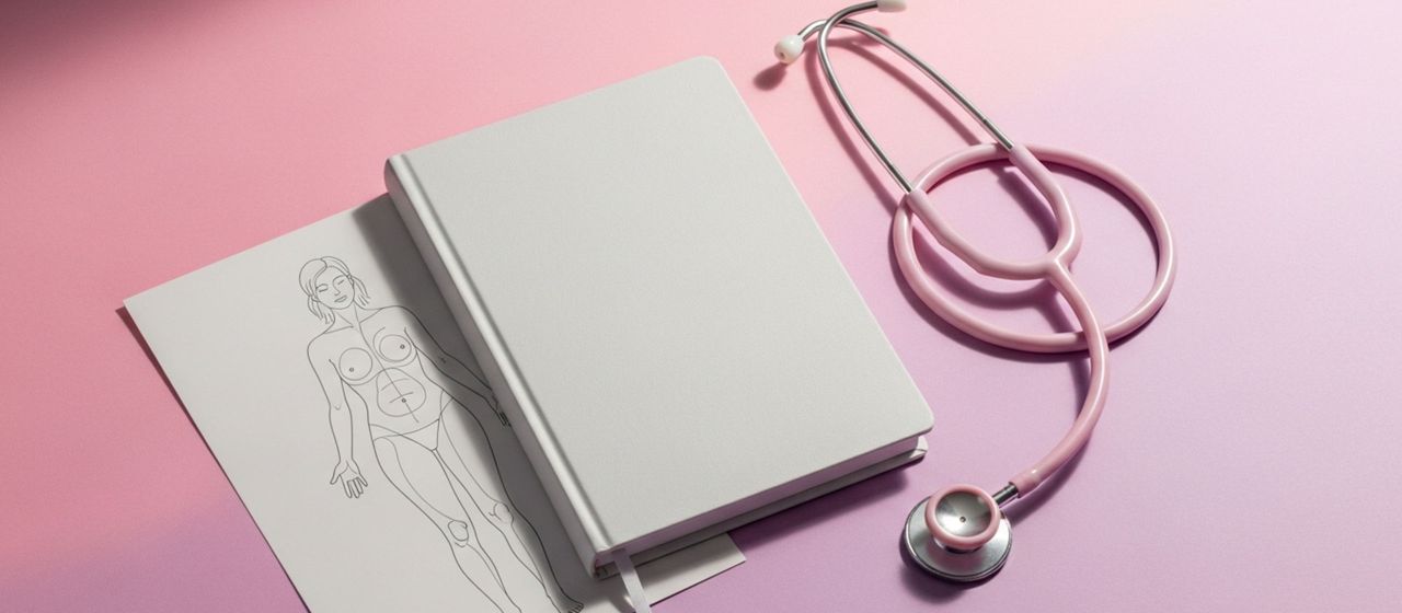 Composition pastel avec journal, stéthoscope et carte d’anatomie de la vulve sur fond rose