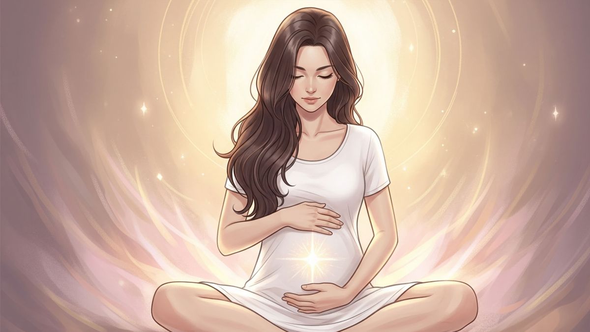 Mujer meditando con las manos sobre el útero, simbolizando la conexión con el poder femenino.