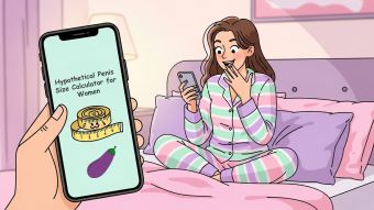 Femme en pyjama pastel surprise devant un calculateur de taille amusant sur son téléphone