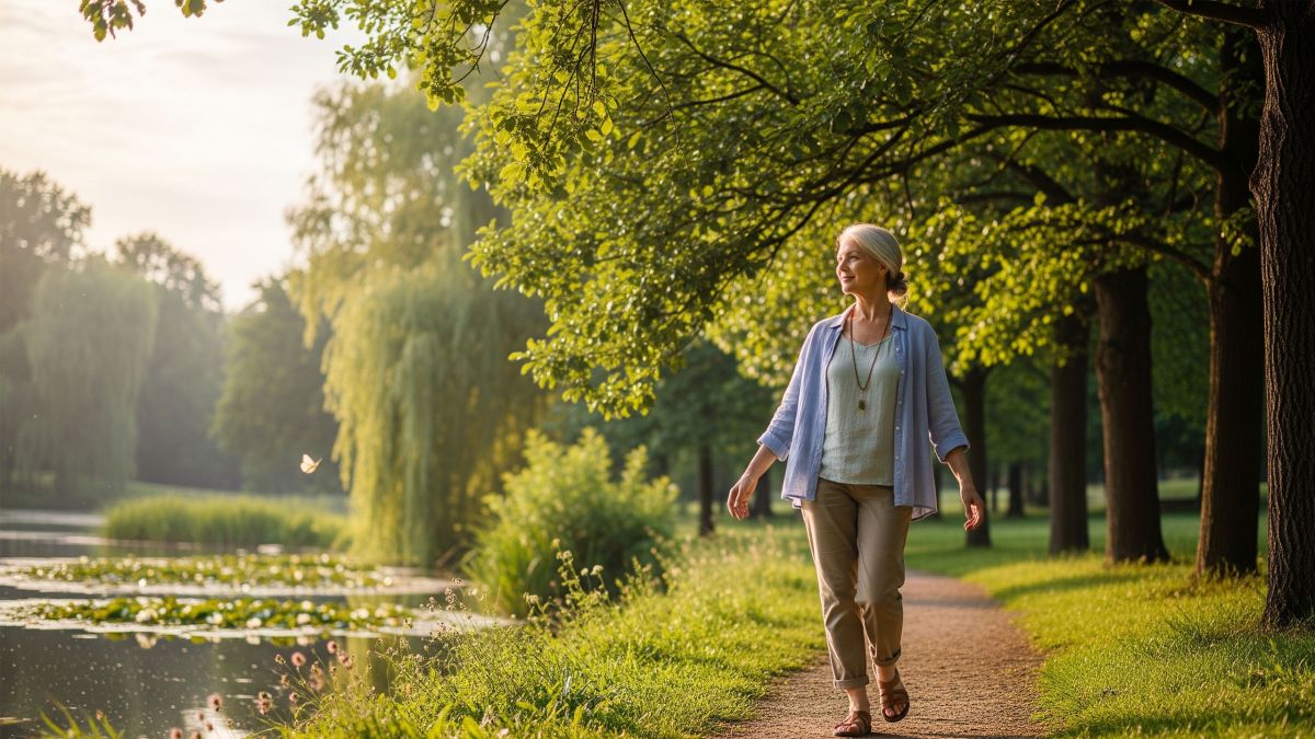 Mujer madura caminando al aire libre, representando alivio natural para la menopausia.