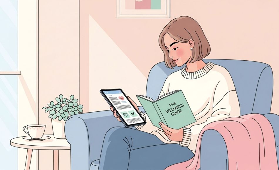 Ilustración de una mujer leyendo una guía de salud en su portátil en tonos pastel suaves, representando el aprendizaje de información precisa sobre la anatomía femenina.