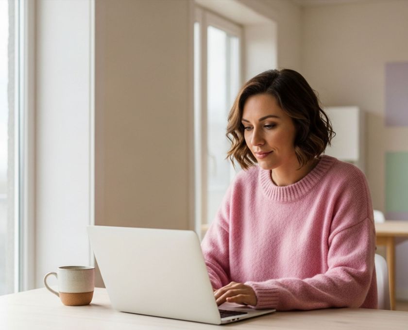 Mujer trabajando remotamente en una mesa soleada, sugiriendo libertad con enfoque
