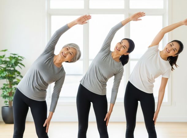 Tres mujeres de diferentes edades —una joven, una mujer de mediana edad y una mujer mayor— realizando juntas un suave ejercicio de estiramiento.