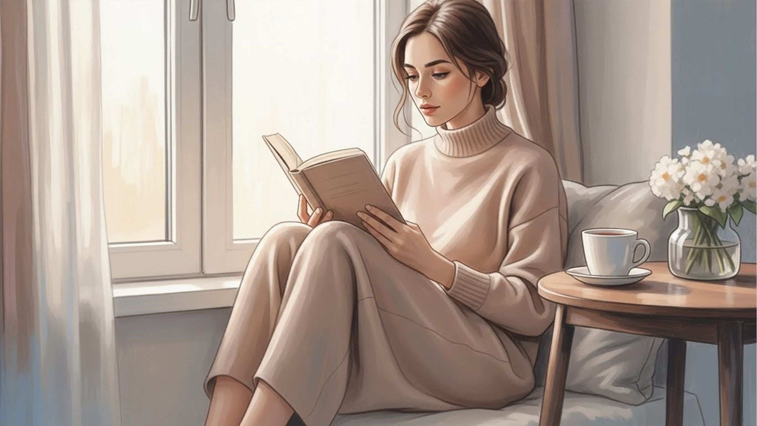 Frau liest mit einer Tasse am Fenster — ruhiger Lernmoment am Morgen