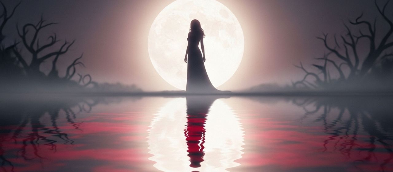 Illustration of a woman under a full moon representing ancient menstrual myths