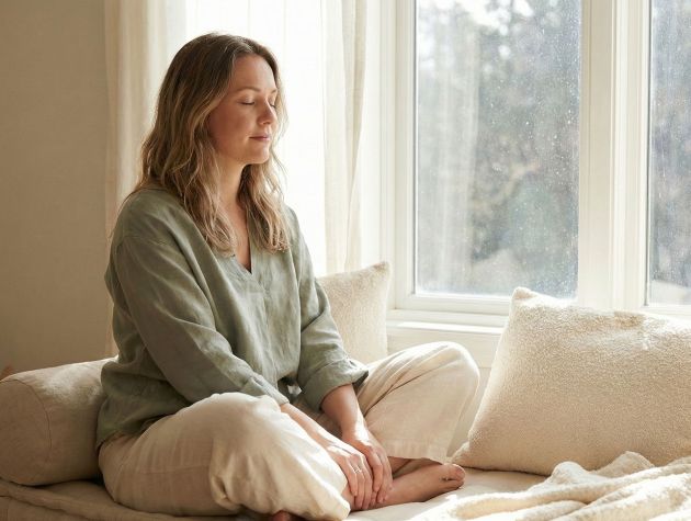 A woman practicing mindfulness meditation in a bright, calm living room.