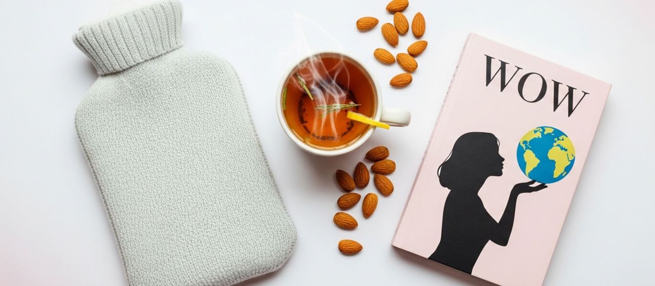 Un kit de préparation pour les crampes menstruelles comprenant une bouillotte, une tisane et des collations saines.