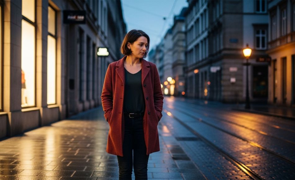 Woman walking alone on a city street at dusk, symbolizing concern about safety and trust in Western institutions