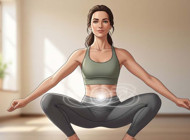 Woman practicing yoga squat to support pelvic floor health