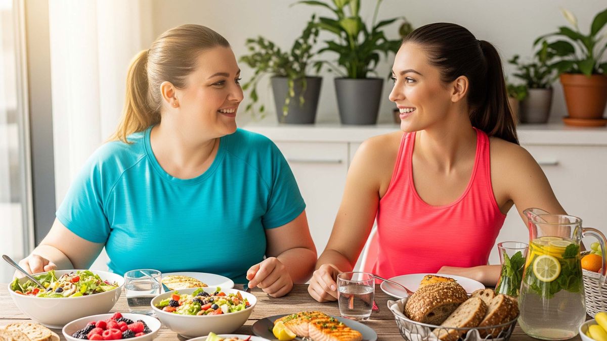 Un collage que muestra a mujeres diversas de diferentes tamaños y orígenes disfrutando de actividades y comida saludables.