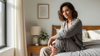 Mujer relajada sentada en sofá — concepto de bienestar y claridad sexual