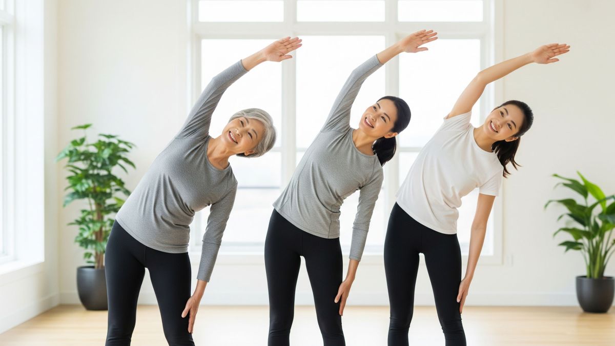 Tres mujeres de diferentes edades —una joven, una mujer de mediana edad y una mujer mayor— realizando juntas un suave ejercicio de estiramiento.