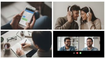 Imagen en cuatro paneles que muestra momentos de conexión de la Gen Z: chat, compartir música, reflexión en solitario y videollamada.