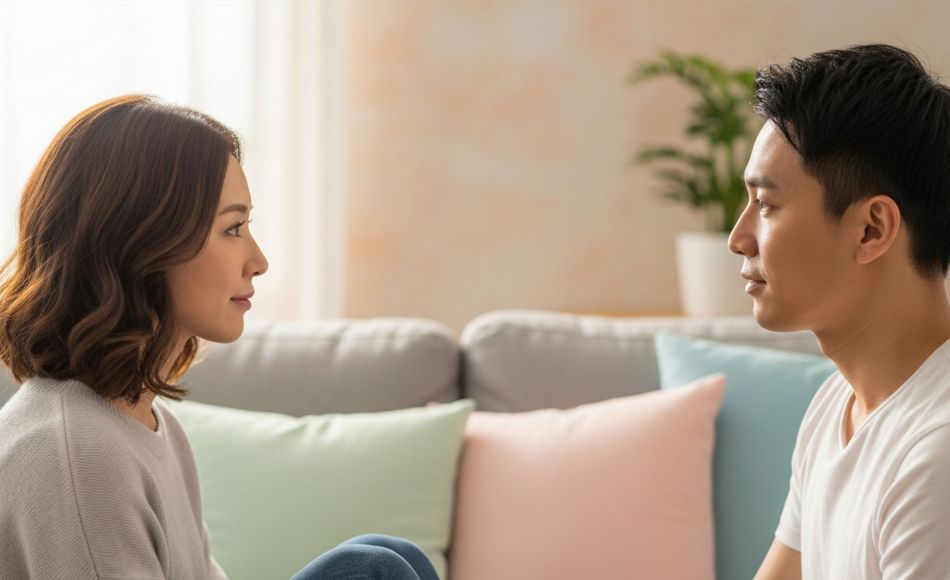 Femme discutant calmement du consentement et de ses limites sexuelles avec son partenaire assis sur le lit