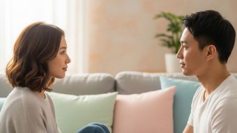 Mujer hablando con su pareja sentados en la cama, conversando con calma sobre límites sexuales y consentimiento