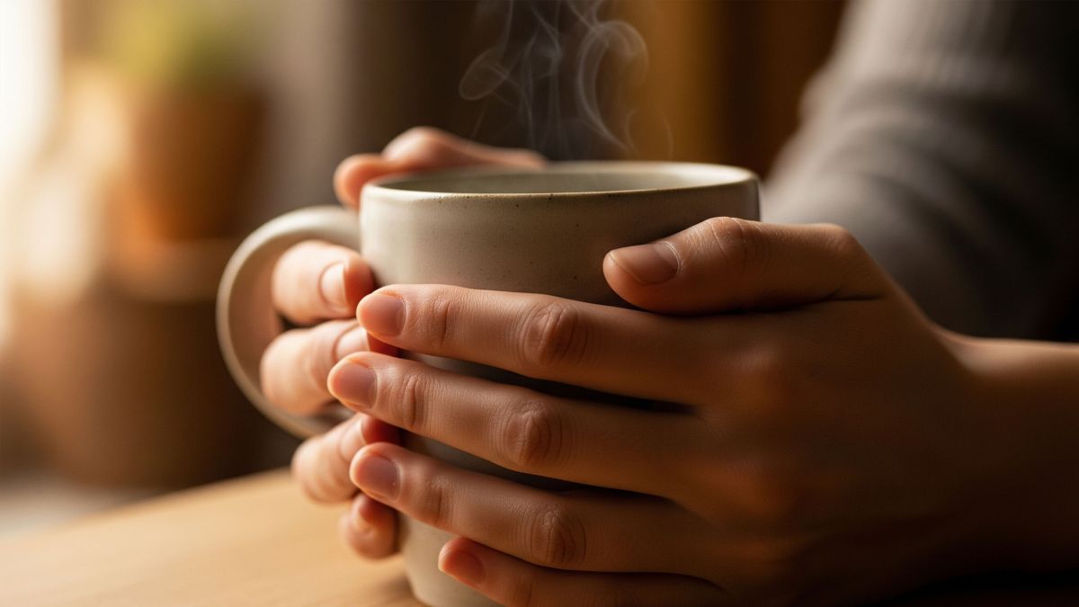 Las manos de una persona rodeando una taza caliente, demostrando una técnica simple de autocuidado para la regulación del sistema nervioso a través del calor y el tacto.