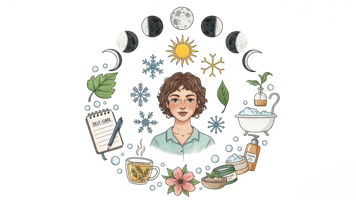 Woman surrounded by seasonal symbols and menstrual phases, representing self-care by cycle
