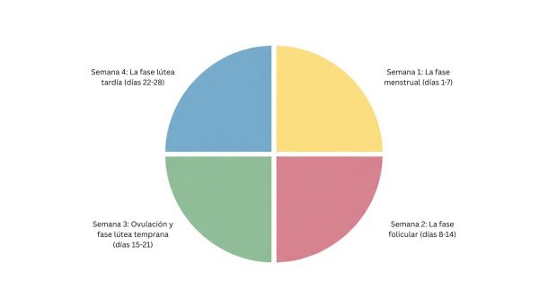 Un diagrama que ilustra las cuatro fases semanales del ciclo menstrual.