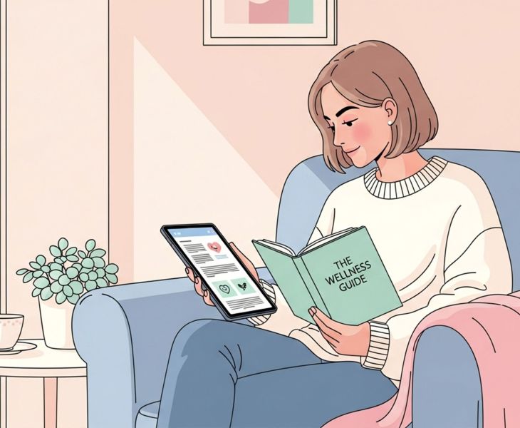 Ilustración de una mujer leyendo una guía de salud en su portátil en tonos pastel suaves, representando el aprendizaje de información precisa sobre la anatomía femenina.