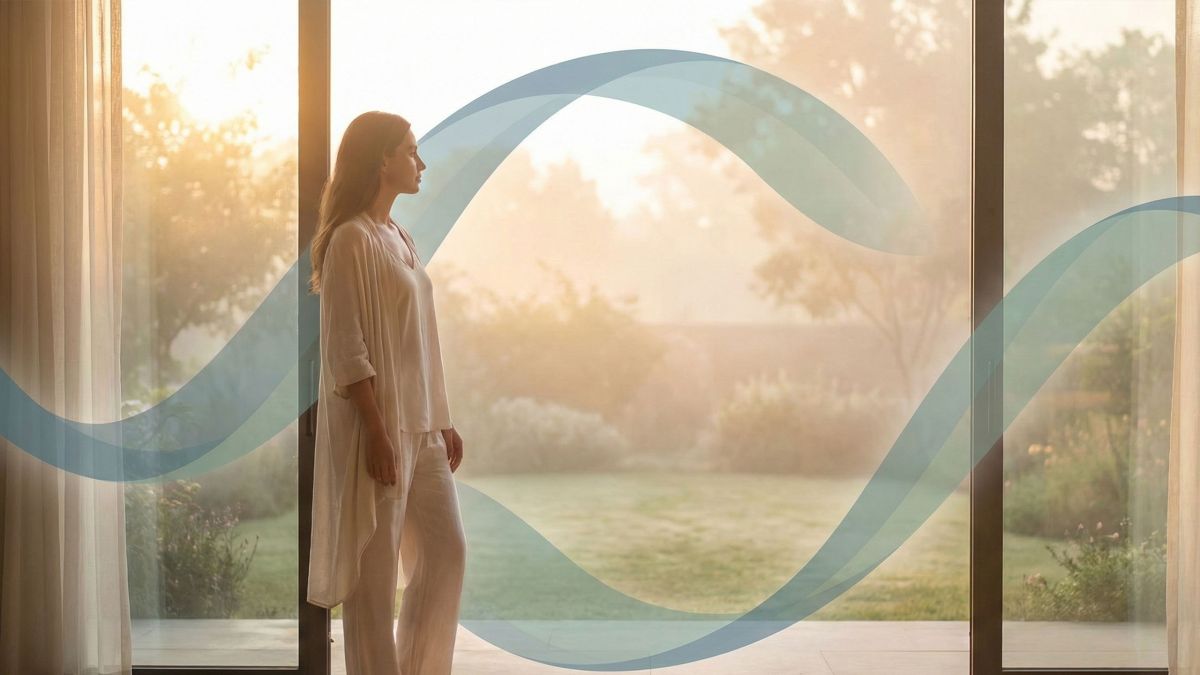 Una mujer reflexionando en luz suave, simbolizando el equilibrio hormonal y la energía.