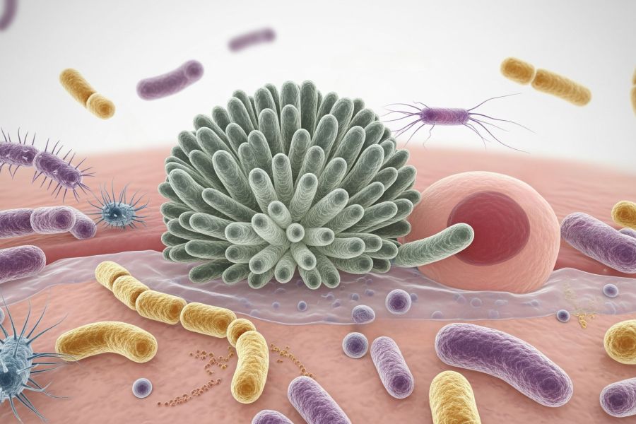Illustration of the vaginal microbiome showing beneficial bacteria like Lactobacillus
