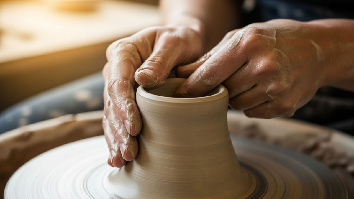 Manos diversas dando forma colaborativamente a una pieza de arcilla en un torno de alfarero, simbolizando la expresión creativa compartida a través de las culturas.