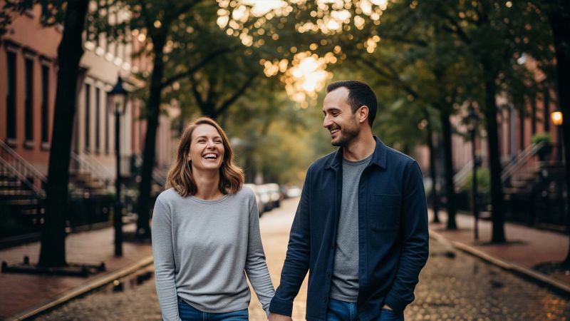 Couple se tenant la main et souriant en marchant ensemble