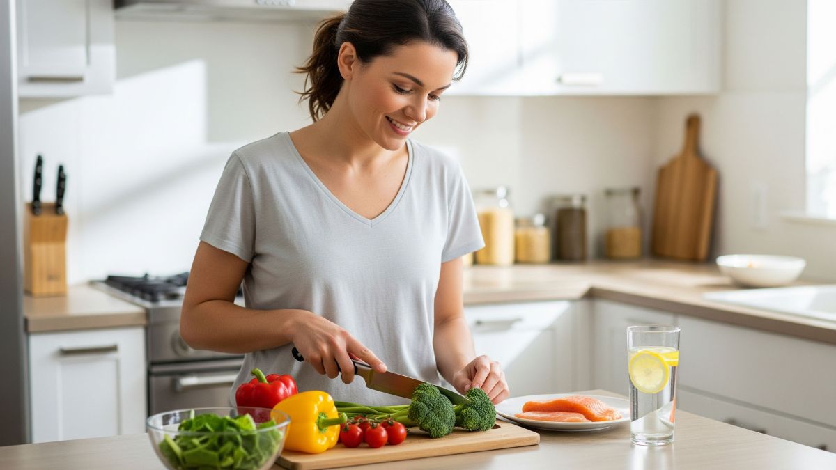 Mujer preparando una comida equilibrada para una pérdida de peso sostenible.