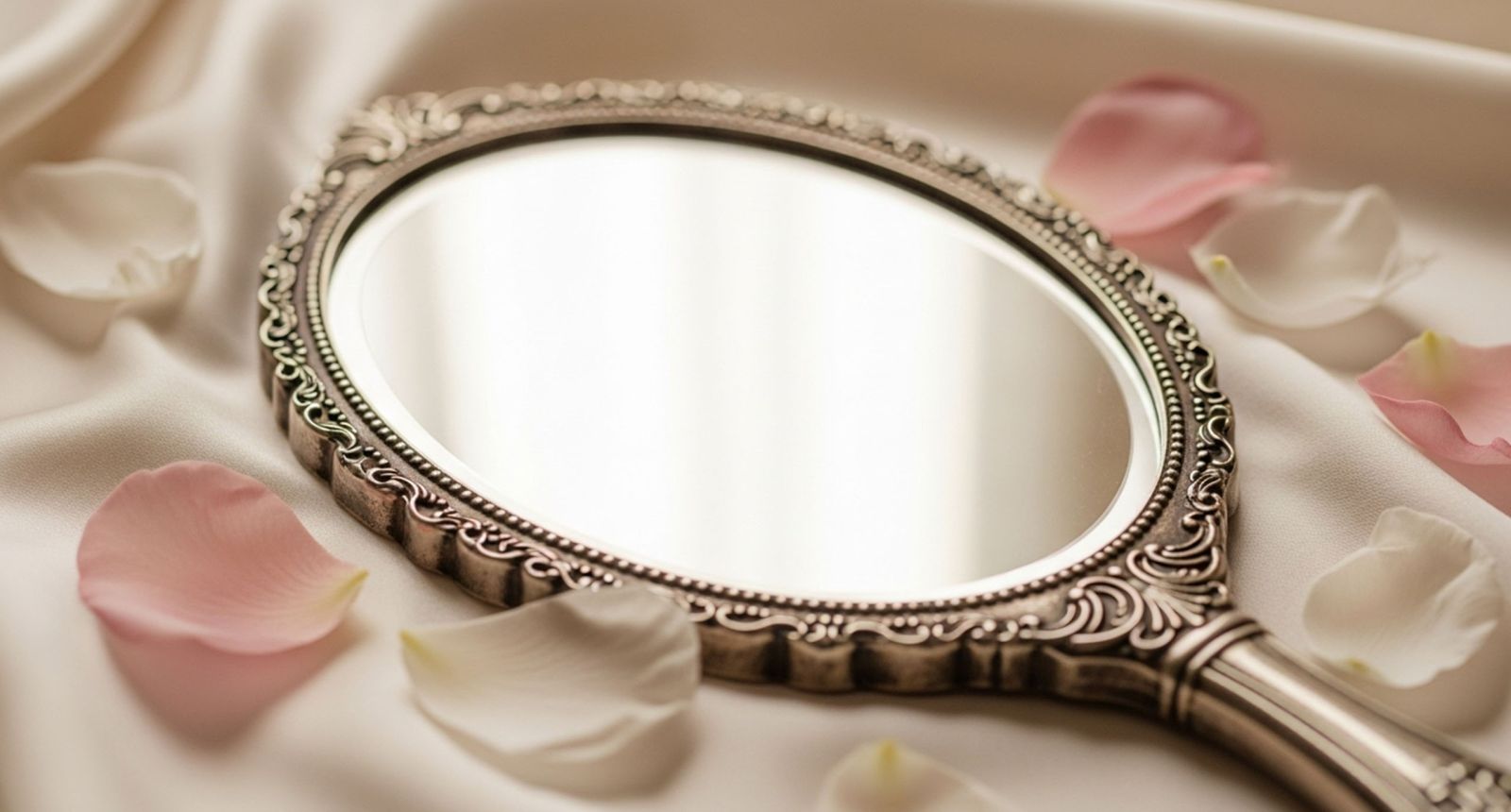 Miroir à main sur tissu rose poudré doux avec des pétales éparpillés, symbolisant la réflexion et la retenue dans l'esthétique intime