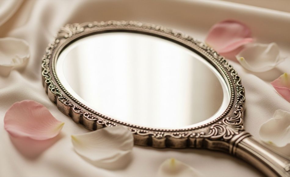 Hand mirror on soft blush fabric with scattered petals, symbolizing reflection and restraint in intimate aesthetics