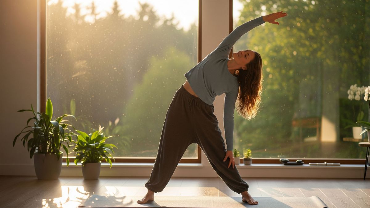 A woman in a calm setting practicing a gentle yoga pose to illustrate natural stress relief for PMS.