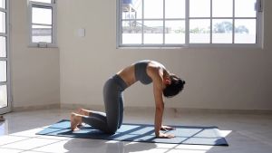 Mujer practicando estiramientos suaves en una esterilla de yoga
