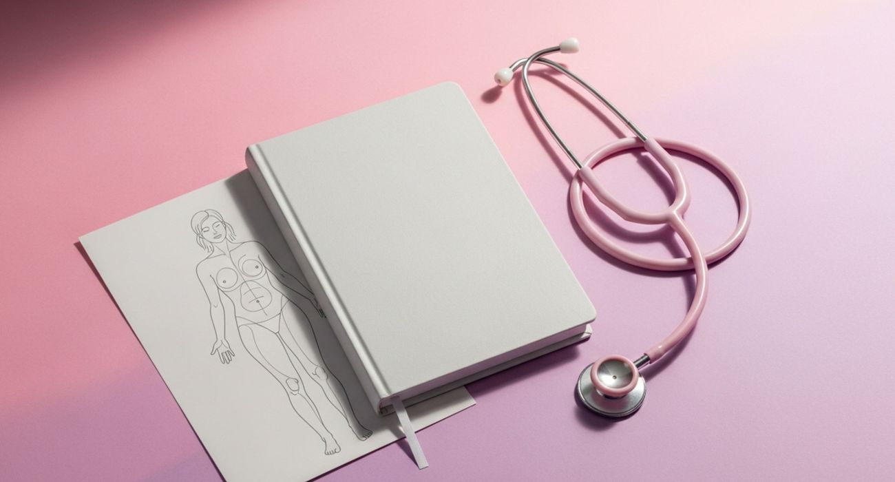 Pastel flat lay with journal, stethoscope, and vulva anatomy card on soft pink background