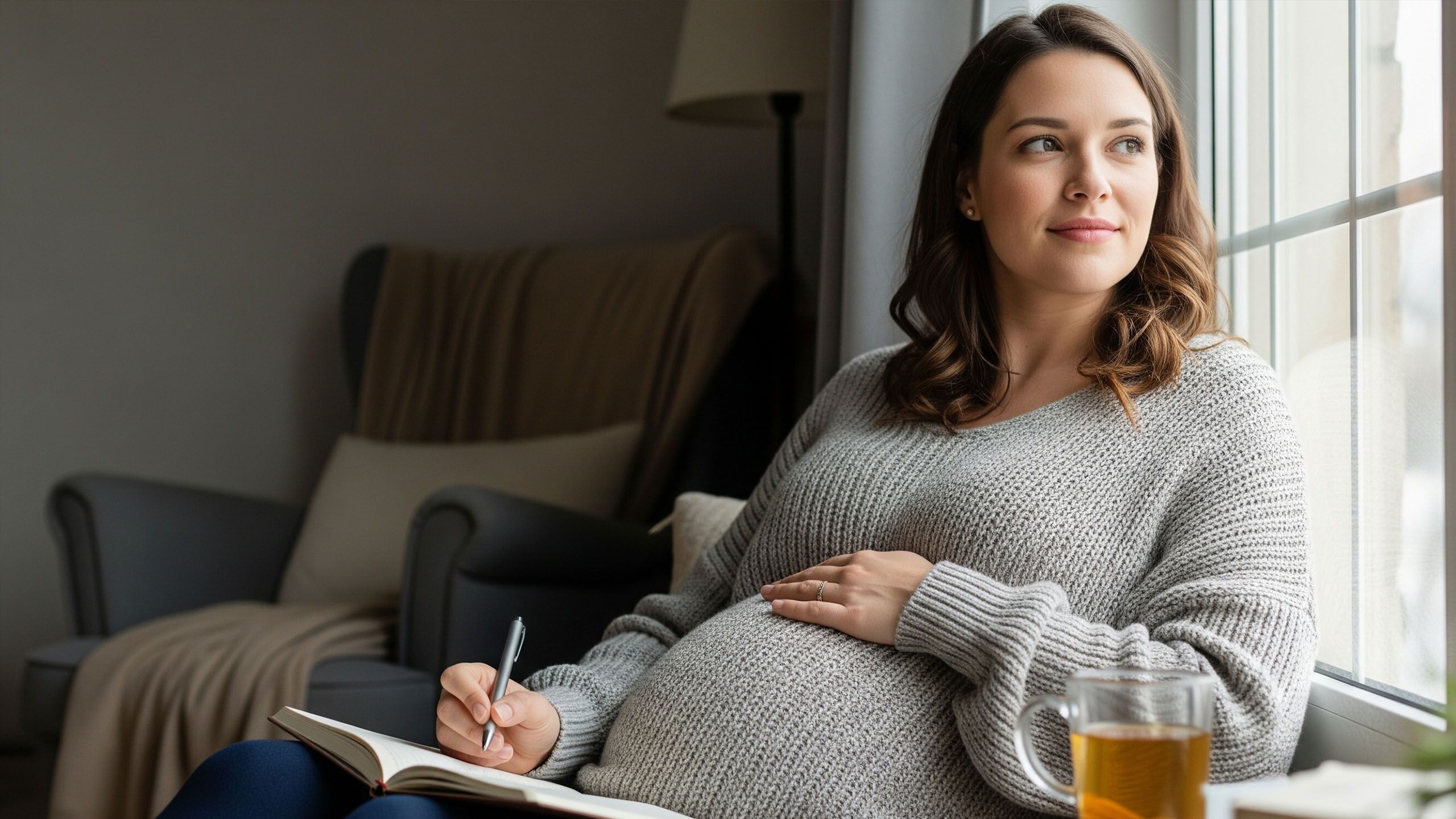 Una mujer embarazada sentada en silencio, reflexionando mientras se prepara emocionalmente para la maternidad.